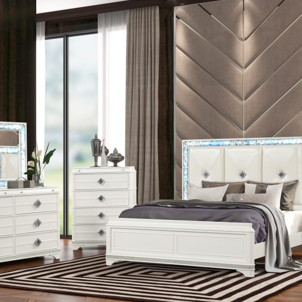 5-Pc King Upholstered Bedrm Set with Wood & Crystal Accents in White
