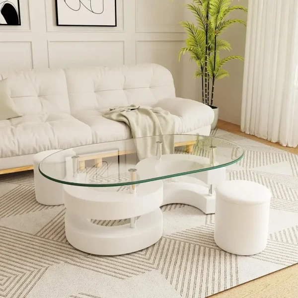 3-Piece Glass Coffee Table Set with Tempered Glass Top and S-Shaped Base, Including 2 Leather Stools, Ideal for Living Room