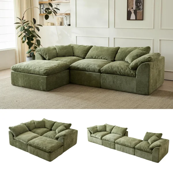109" Modern Cloud L-Shaped 3-Seater Oversized Deep Seat Chenille Fabric Sofa green with Ottoman