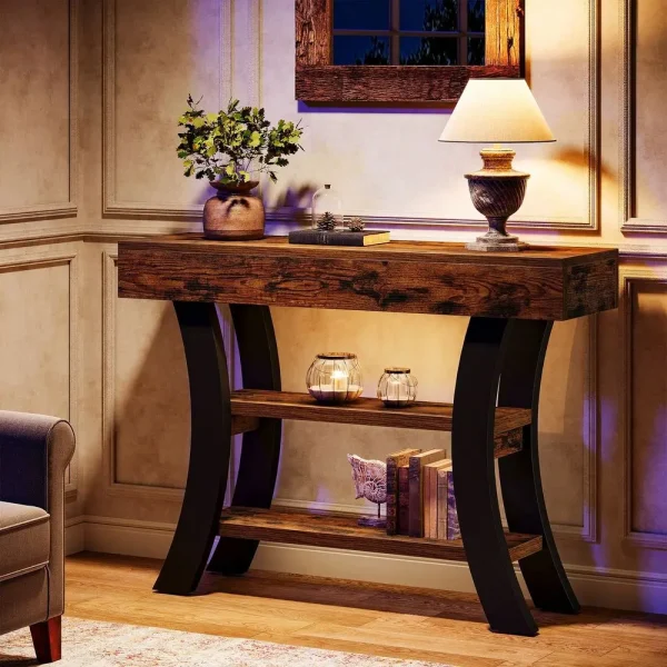 41 Small Console Table For Entryway, 3Tier Rustic Sofa Table Curved Frame For Living Room, Entry, Hall