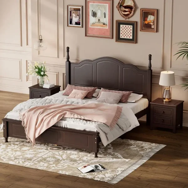 3-Piece Queen Bedroom Set: Wood Platform Bed & 2 Nightstands in Espresso Finish