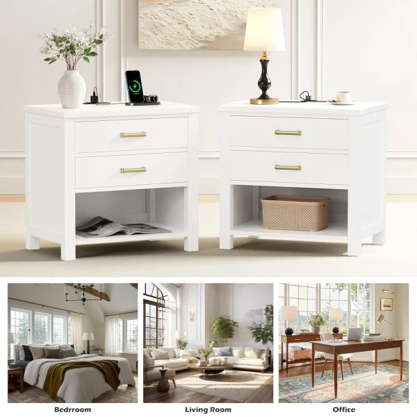 24" Solid Wood Nightstand with Charging Station, White End Table with 2 Drawers and Open Shelf , Customized