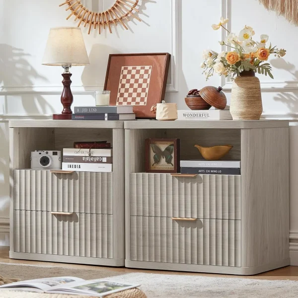 Fluted Farmhouse Nightstand Set of 2 with Charging Station, 23" Wide 2 Drawers End Table,Natural Dresser, Customized