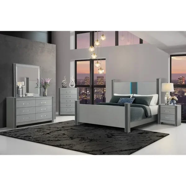5-Piece Full Bedroom Set with Silver Finish - Stylish Bed, Dresser, Nightstands & More