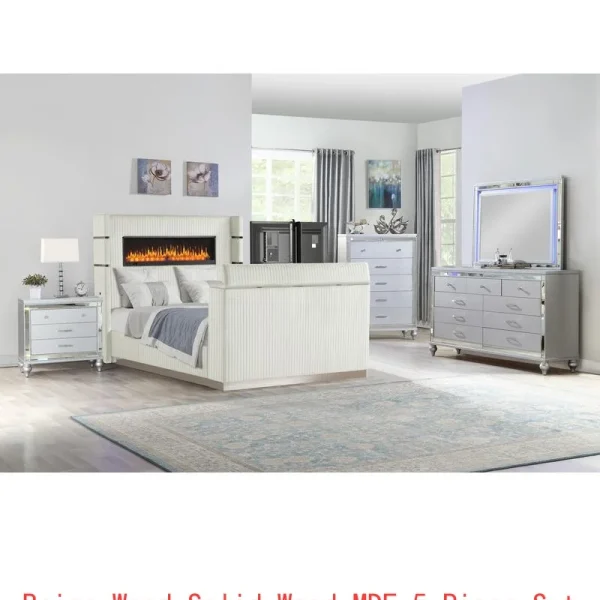Modern 5 Pc Queen Bedroom Set with Fireplace Headboard & TV Stand Footboard, Beige Wood Finish