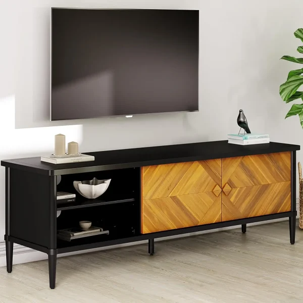 Lenia 65 Inch Solid Acacia Wood TV Stand, Modern Rustic Mid Century Customized