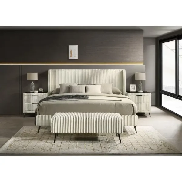 Wide Wale Corduroy Upholstered King Bed Set with 2 Nightstands and Bench, Cream Color