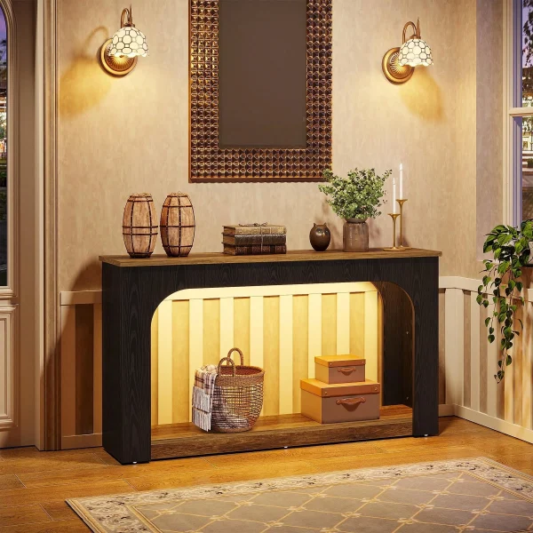 47.5" White Embossed With Dark Walnut grain Arched Hall Shelf, Stylish Entryway Table,