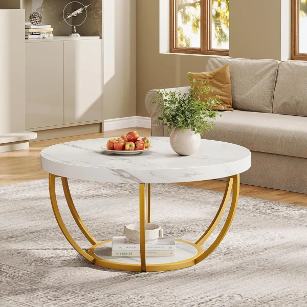 32" Circle Marble Coffee Tables, 2-Tier Golden Metal Legs Accent Center Table